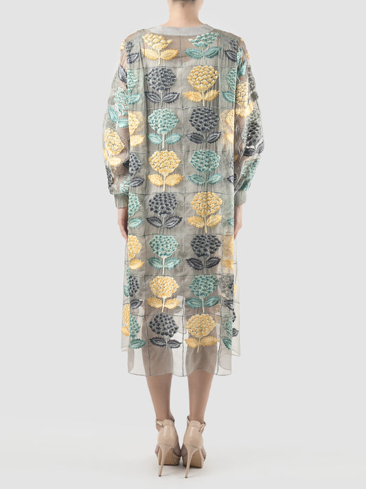 Basia grey silk organza midi dress with multicolor embroideries