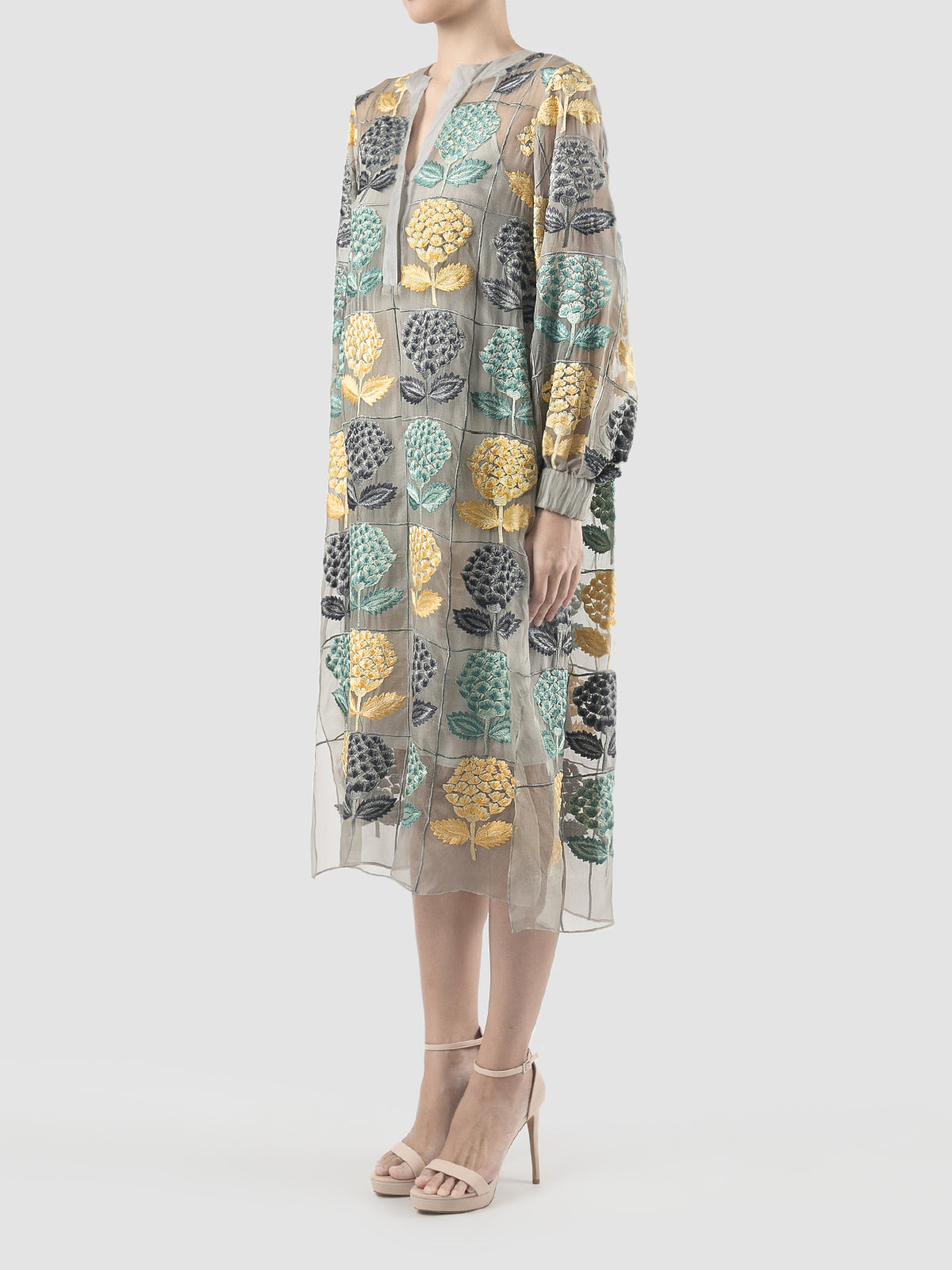 Basia grey silk organza midi dress with multicolor embroideries