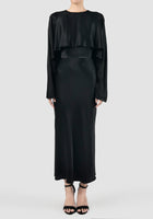 Black satin long-sleeved caped midi dress