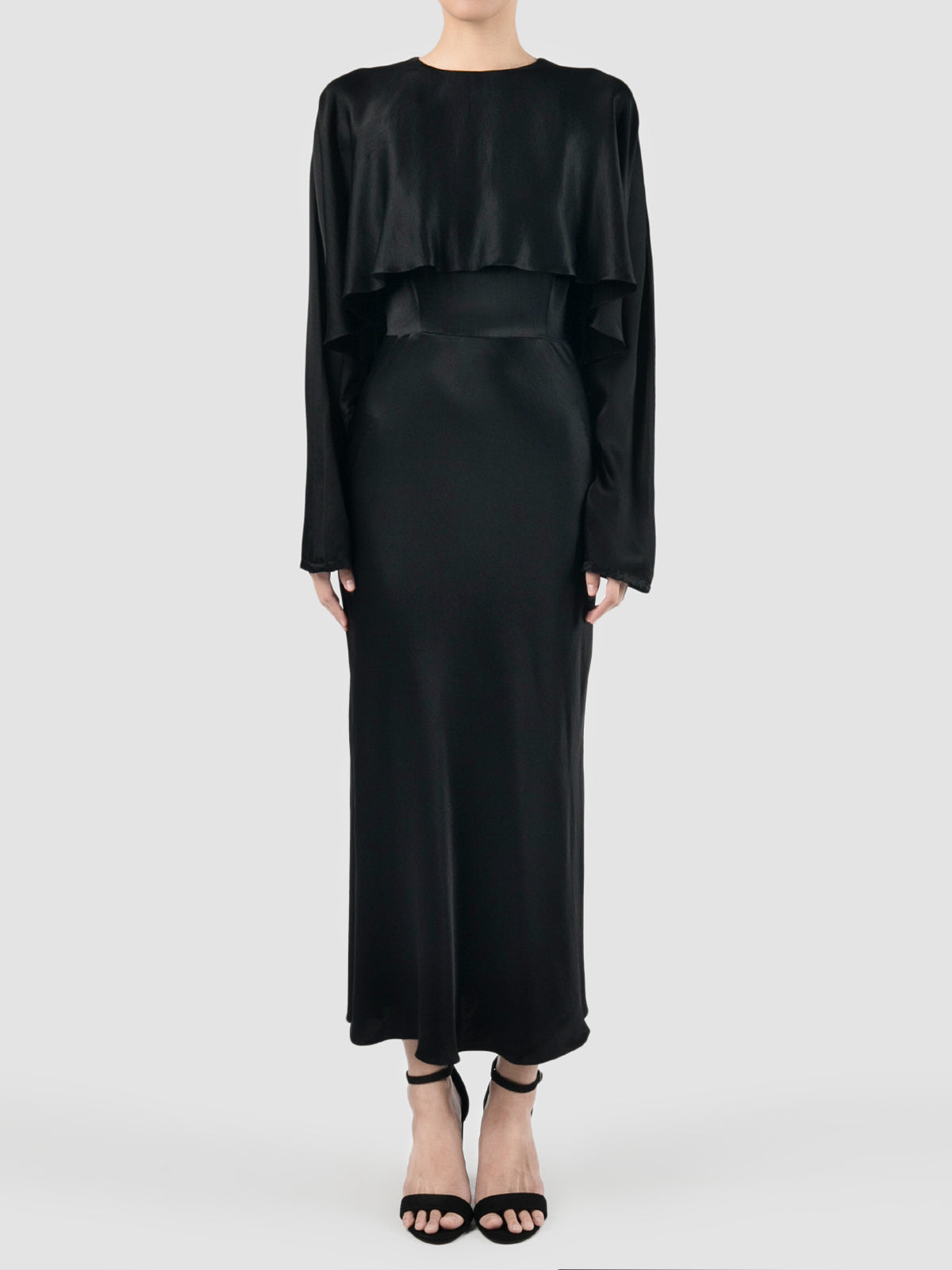 Black satin long-sleeved caped midi dress PILLAR Black satin long-sleeved caped midi dress PILLAR