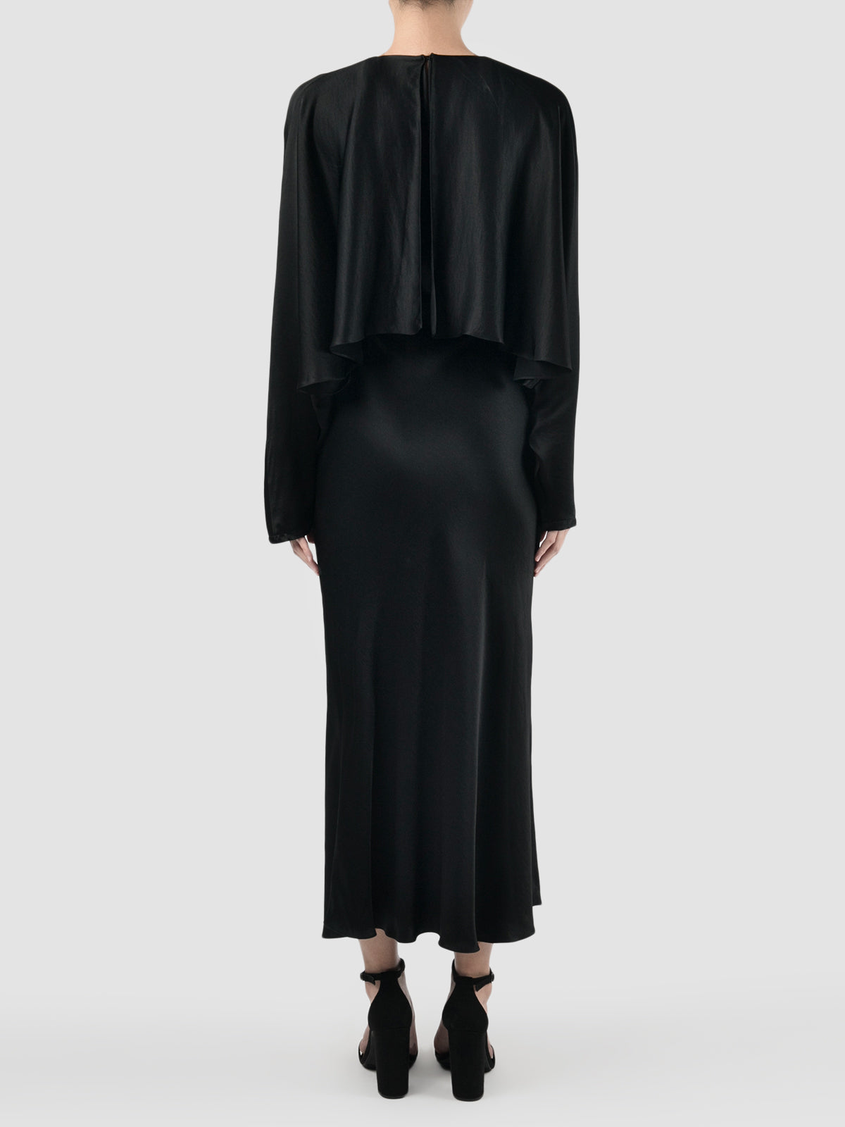 Black satin long-sleeved caped midi dress