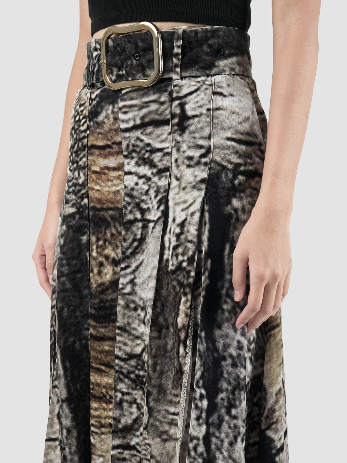 Bark Print pleated cupro belted skirt
