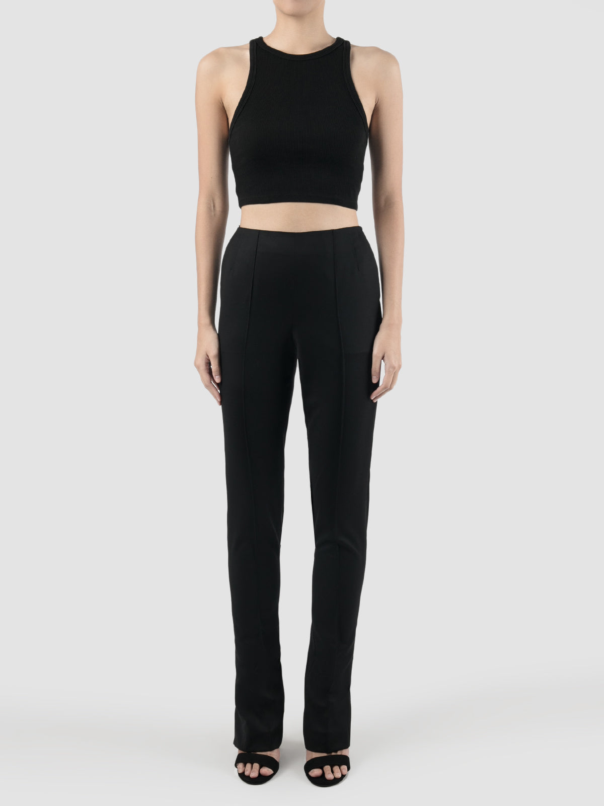 Back Slits High-waisted Black Slim Pants