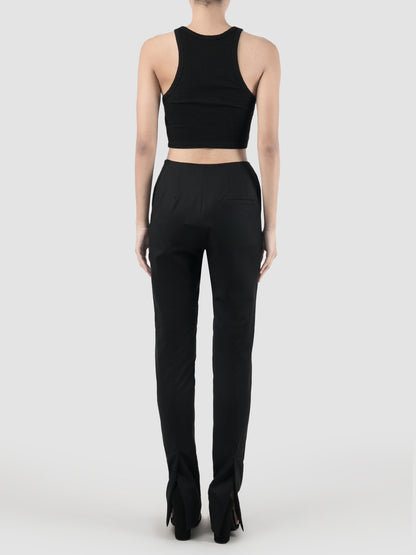 Back Slits High-waisted Black Slim Pants