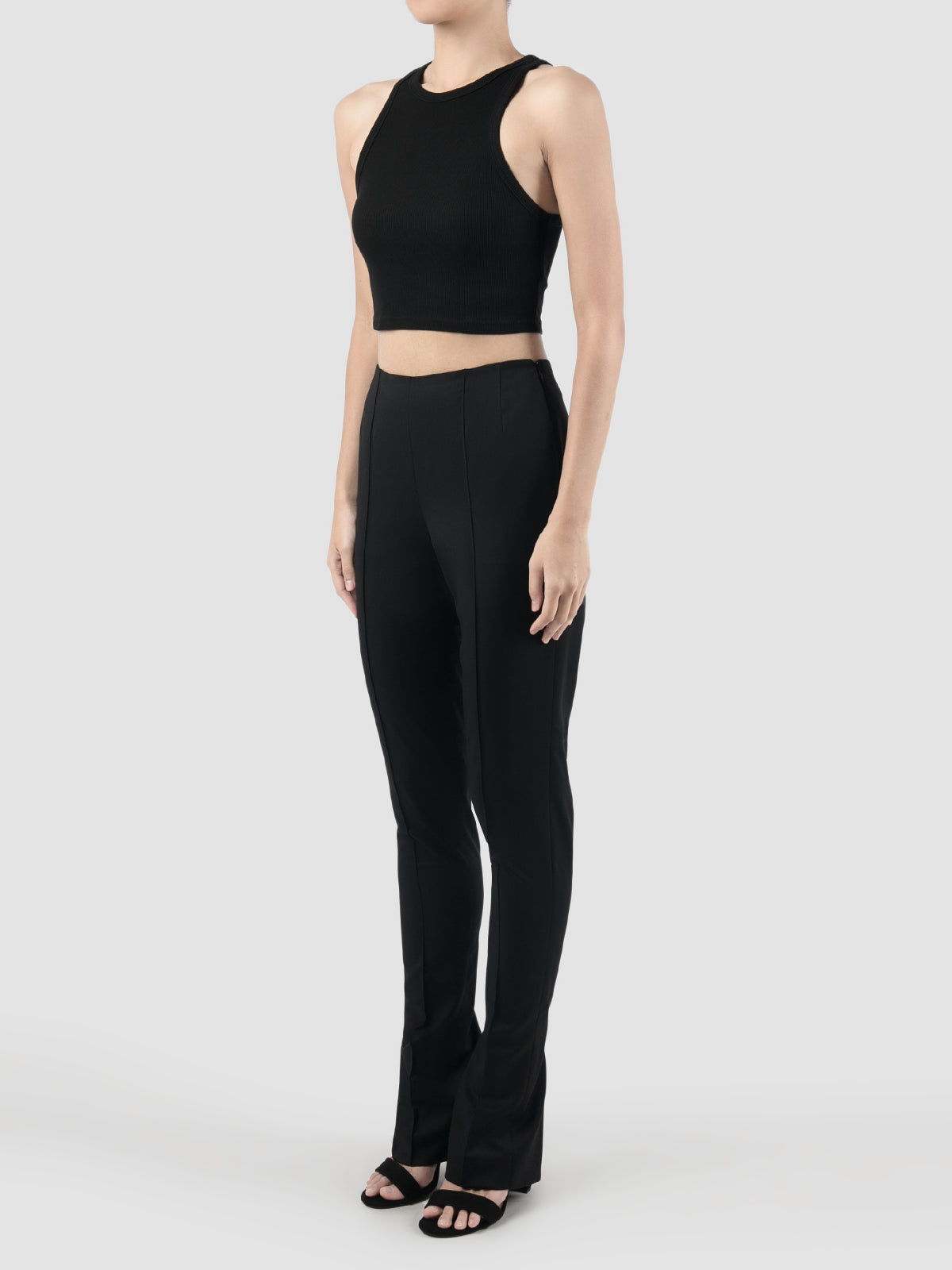 Back Slits High-waisted Black Slim Pants