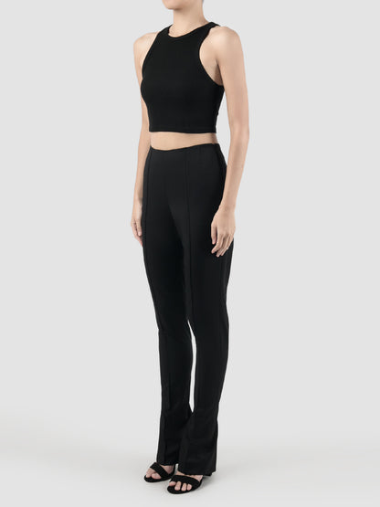 Back Slits High-waisted Black Slim Pants
