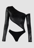 Shiny silver-black cut-out one-shouldered bodysuit