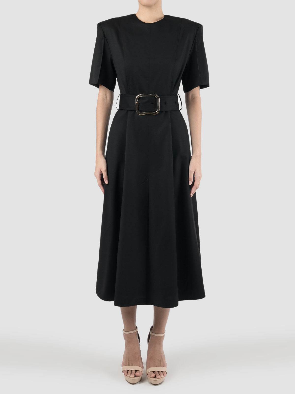 Slits Around Black Wool Fitted Midi Dress with Belt