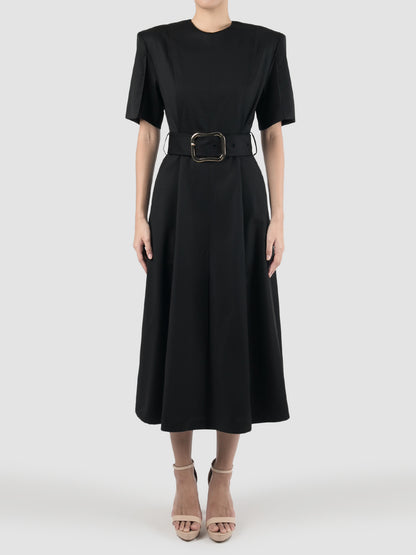 Slits Around Black Wool Fitted Midi Dress with Belt