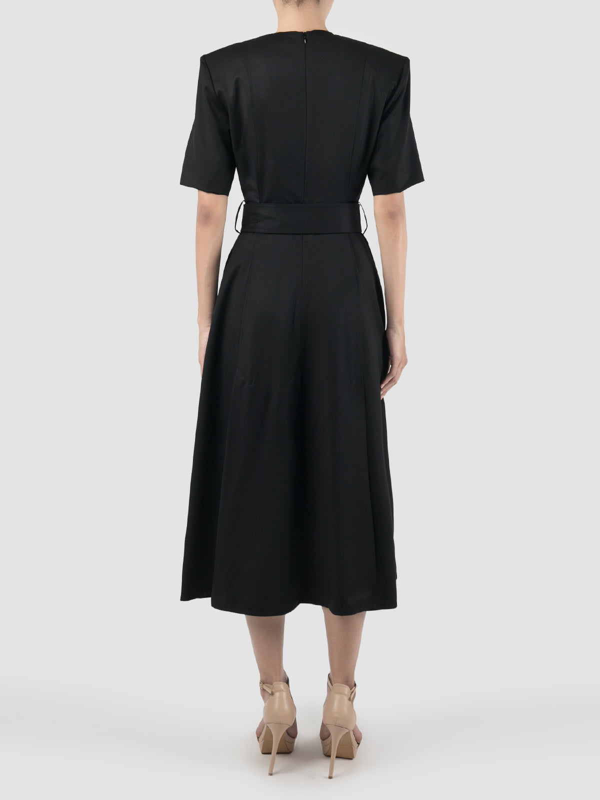 Slits Around Black Wool Fitted Midi Dress with Belt