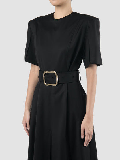 Slits Around Black Wool Fitted Midi Dress with Belt