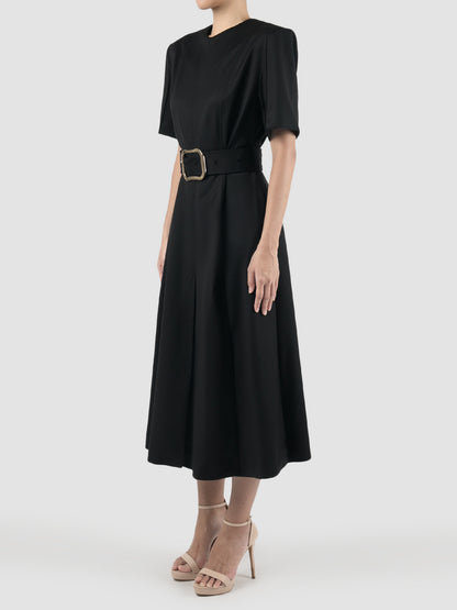 Slits Around Black Wool Fitted Midi Dress with Belt