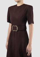 Slits Around rosewood wool fitted midi dress with belt
