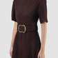 Slits Around rosewood wool fitted midi dress with belt