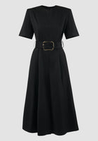 Slits Around black wool fitted midi dress with belt