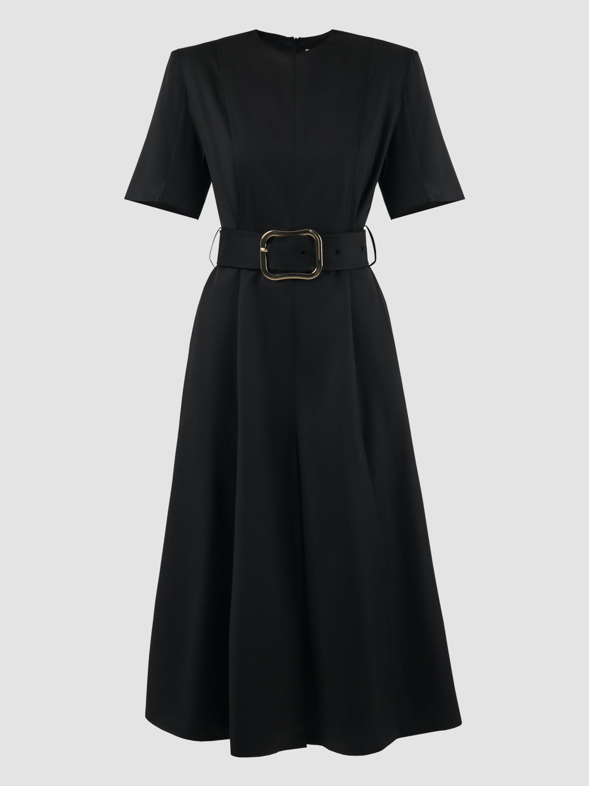 Slits Around Black Wool Fitted Midi Dress with Belt