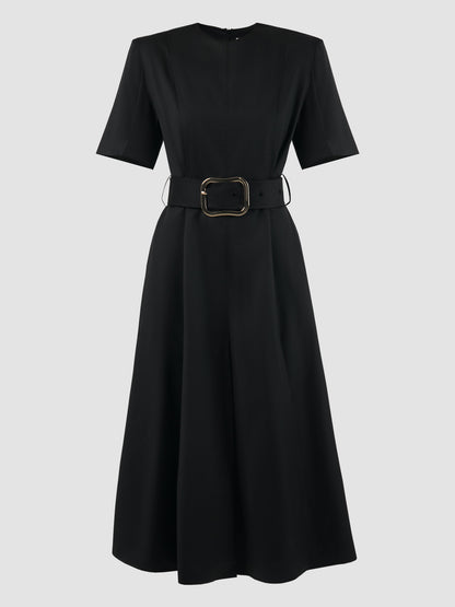 Slits Around Black Wool Fitted Midi Dress with Belt