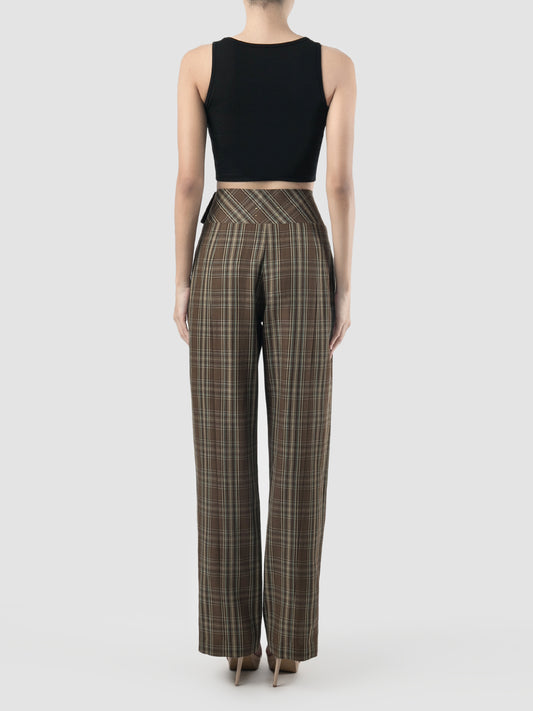Petal brown check-patterned pants