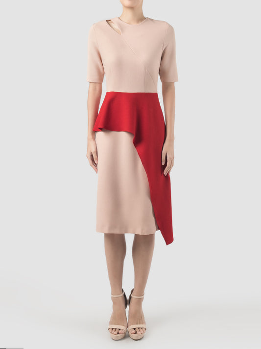 Coty blush pink dress with contrasting red peplum