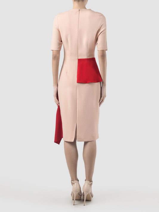 Coty blush pink dress with contrasting red peplum