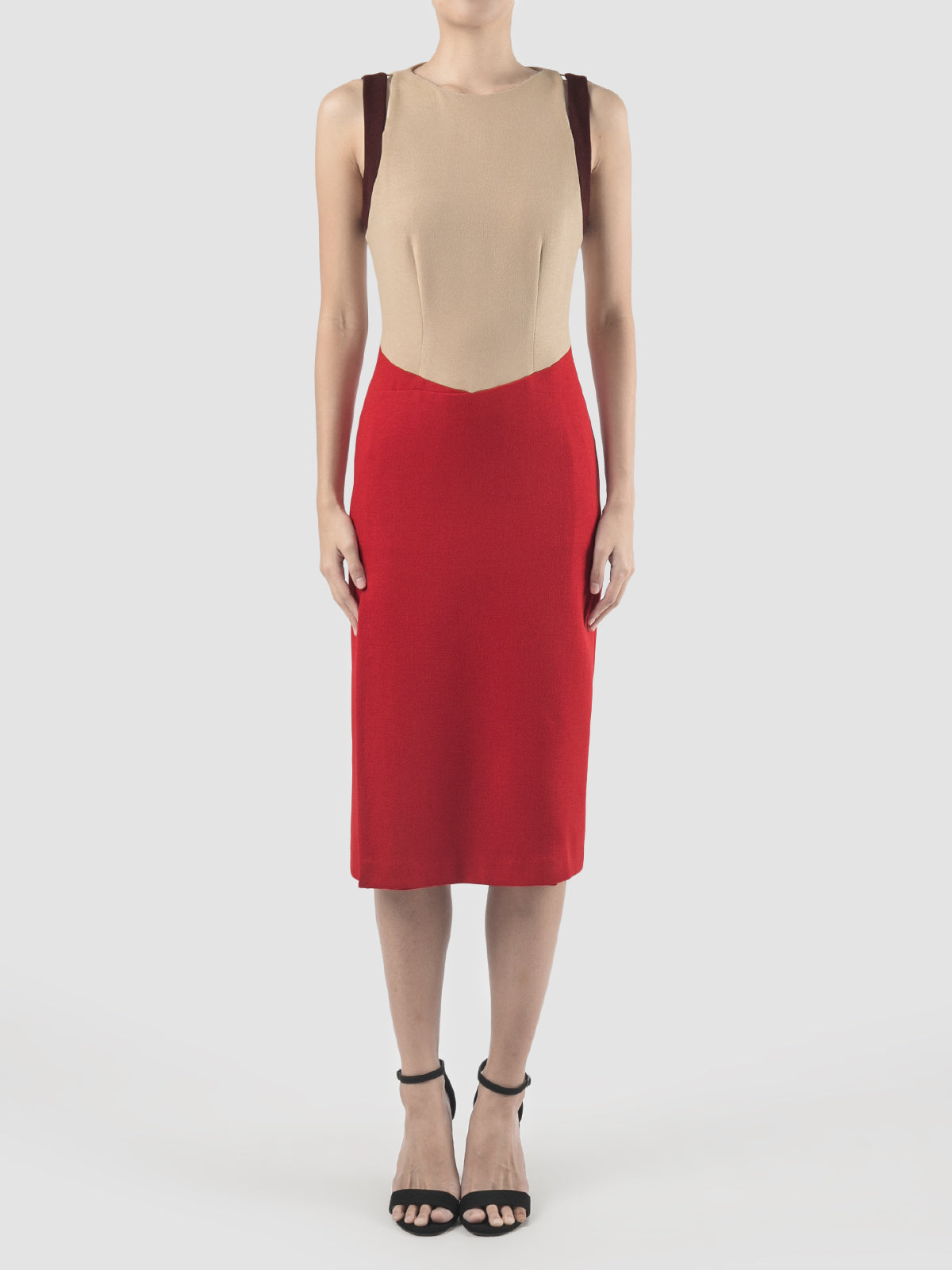 Cyan two-toned red-cream midi dress