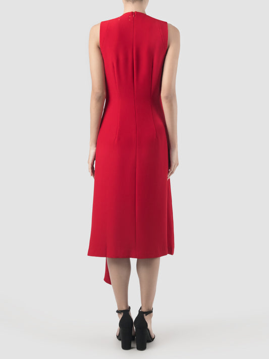 Lea red midi dress with draping peplum