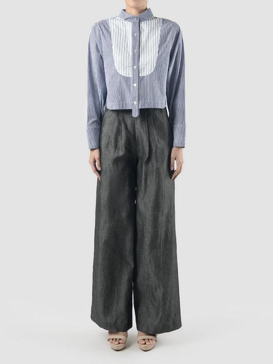 Mono long-sleeved blue-white stripes cropped shirt