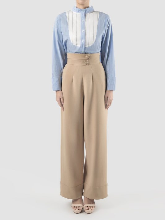 Mono long-sleeved sky blue-white stripes cropped shirt