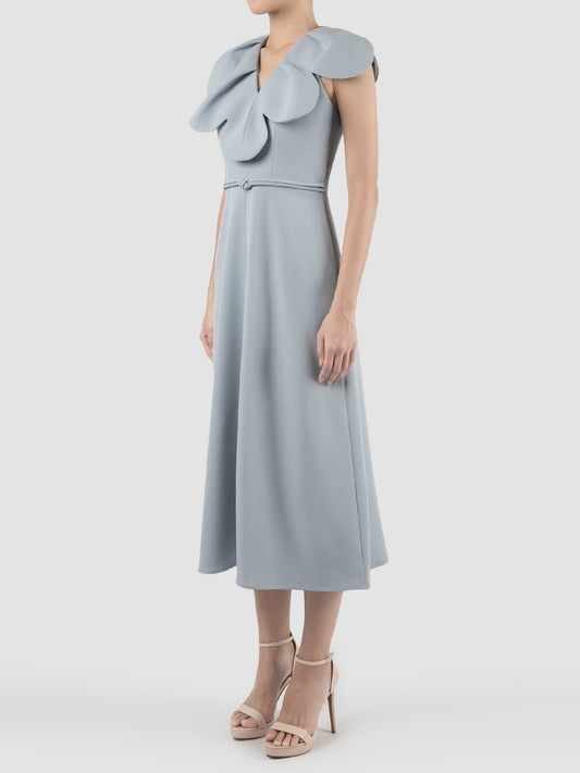 Lyrata ash blue midi dress with scalloped ruched collar