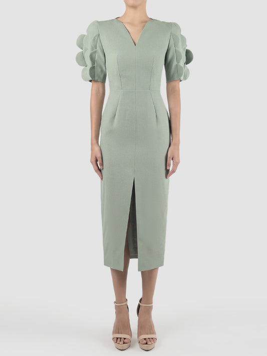 Cordifolia powder green scalloped-sleeved midi dress