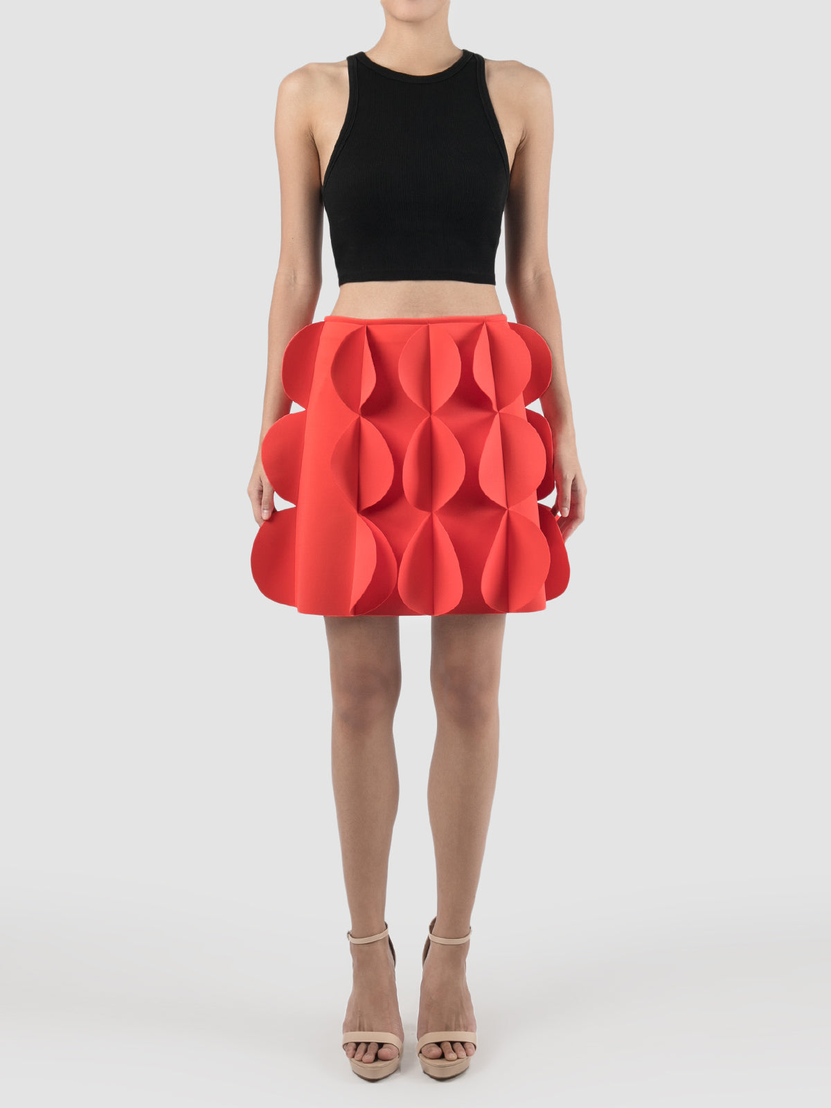 Tristus Cinnabar red statement mini skirt with scalloped lapels