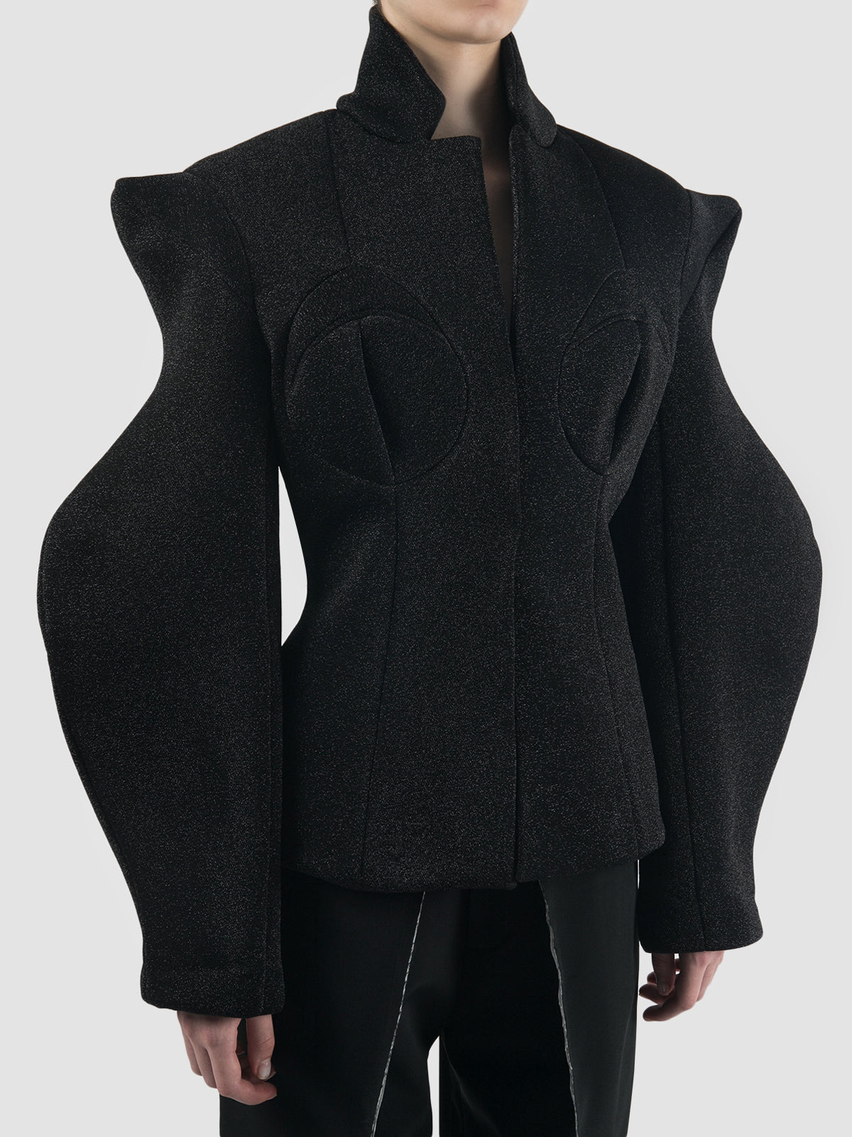 Black tailored neoprene suit with abstract long sleeves