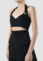 Black halter dress with gold embroidery
