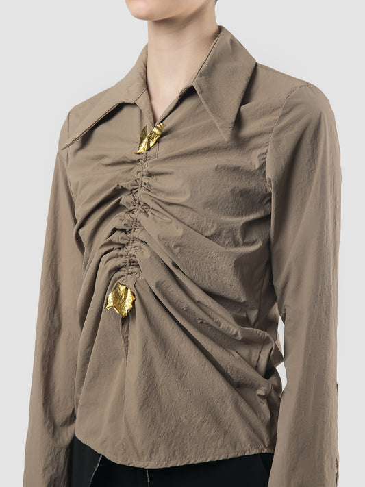 Pewter brown deconstructed gathered shirt with abstract rod