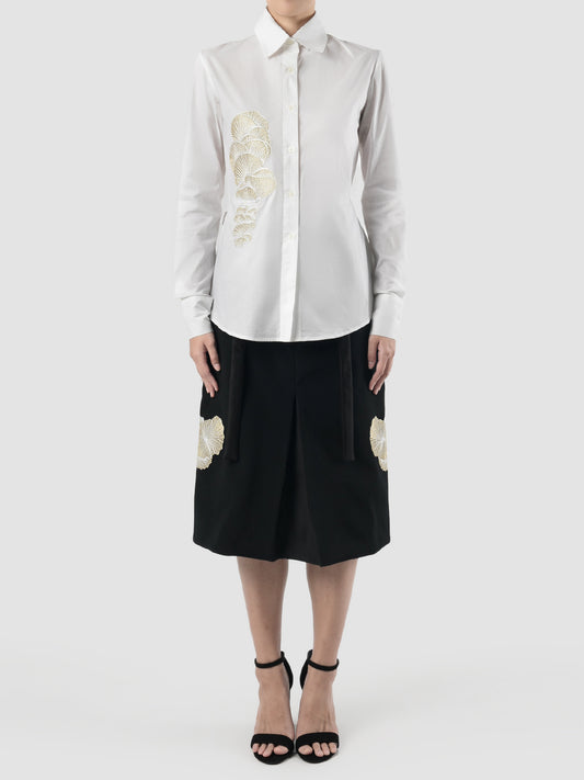 White tailored cotton shirt with gold embroidery