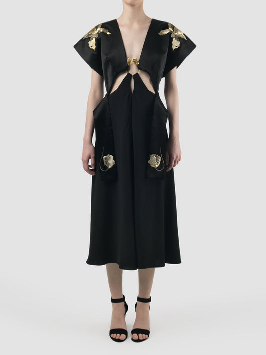 Black kimono dress with waist cutout details