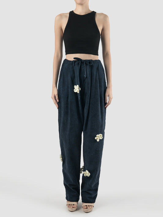 Velvet blue loose fit pants with crochet flowers