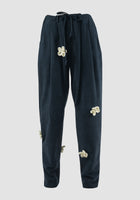 Velvet blue loose fit pants with crochet flowers