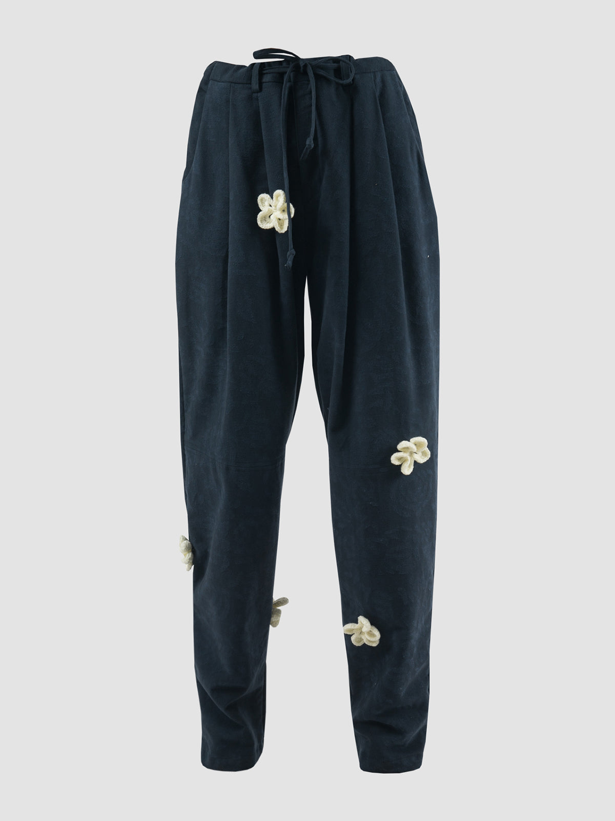 Velvet blue loose fit pants with crochet flowers