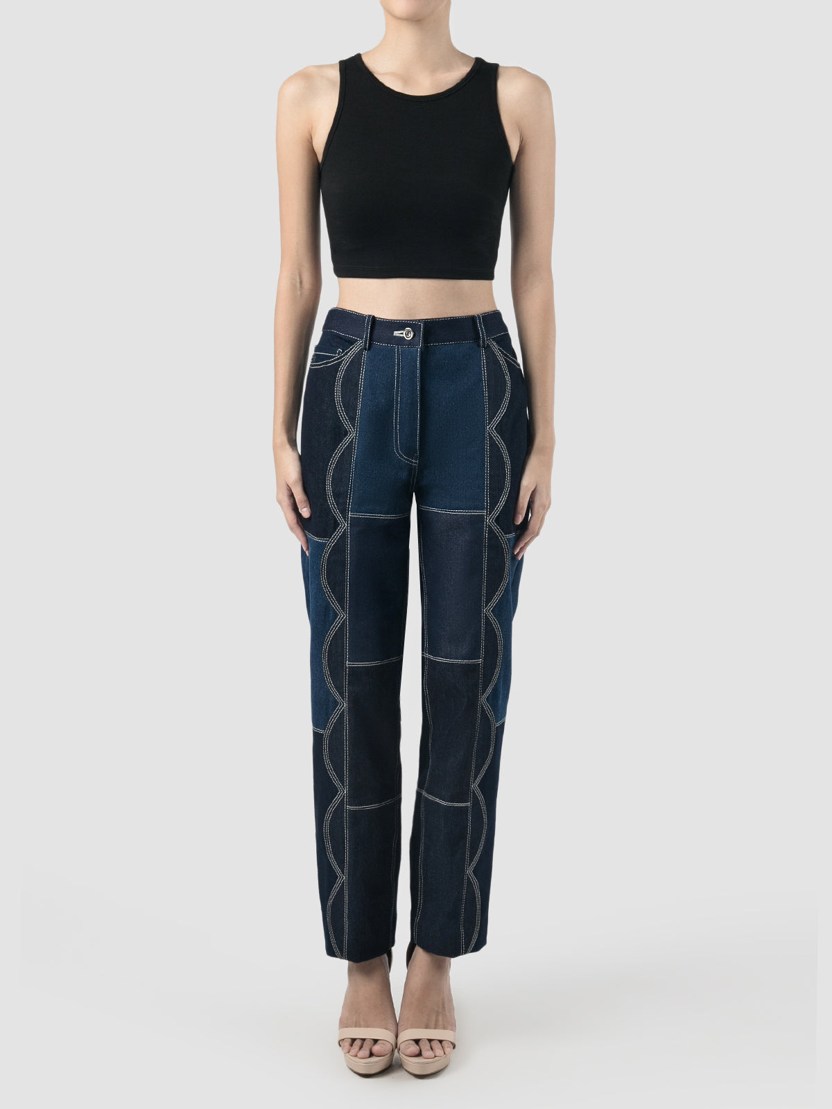 Tapered Scalloped Denim Pants In Blue